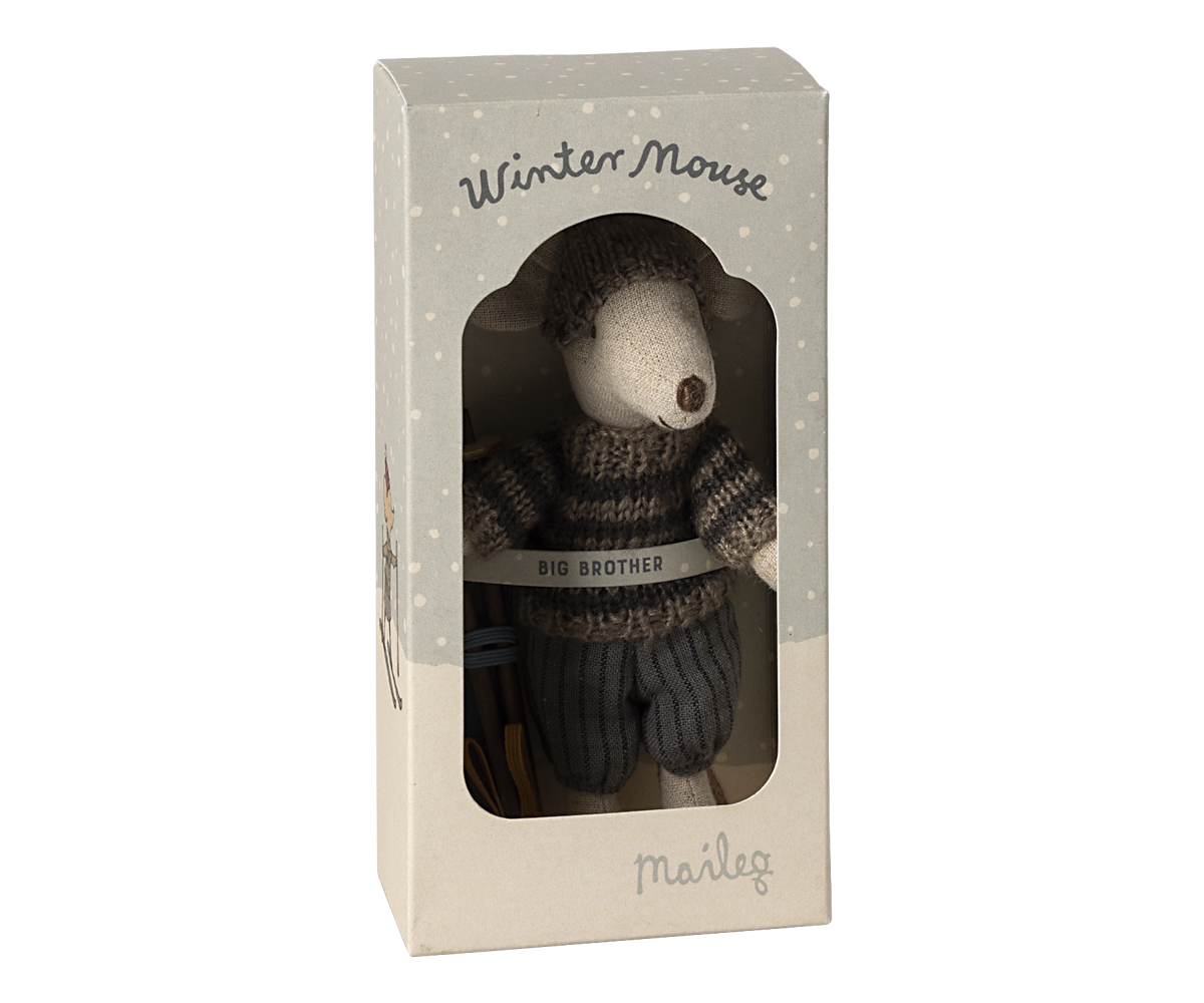 Maileg Winter Big Brother Mouse With Ski Set, Grey