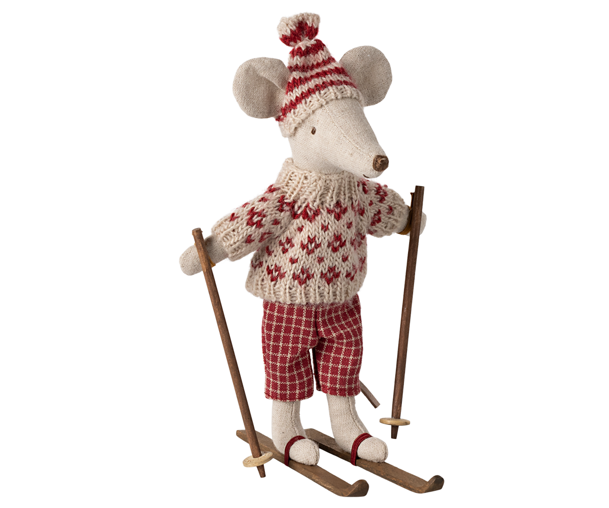 Maileg Winter Mum Mouse With Ski Set, Red