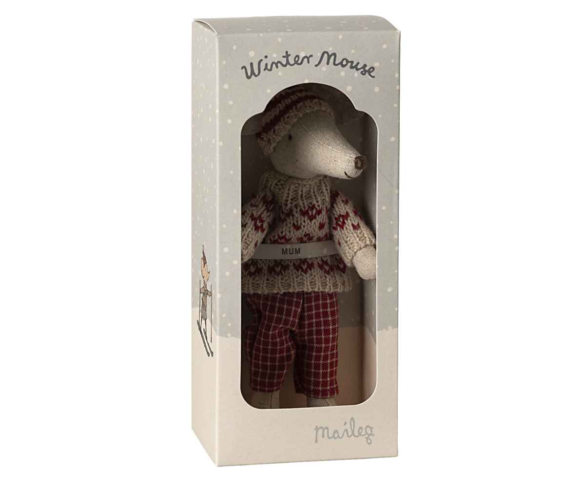 Maileg Winter Mum Mouse With Ski Set, Red