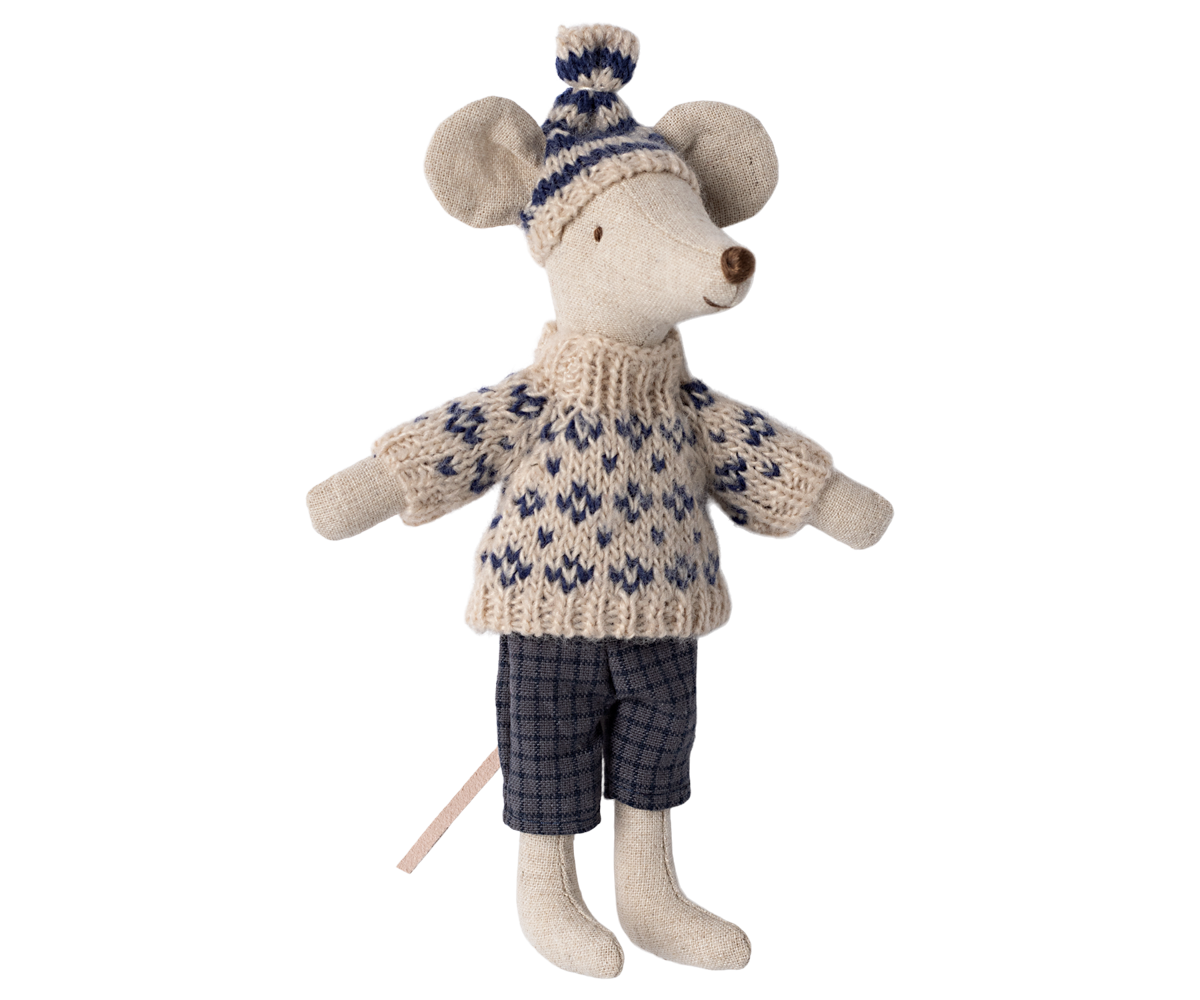 Maileg Winter Dad Mouse With Ski Set, Blue