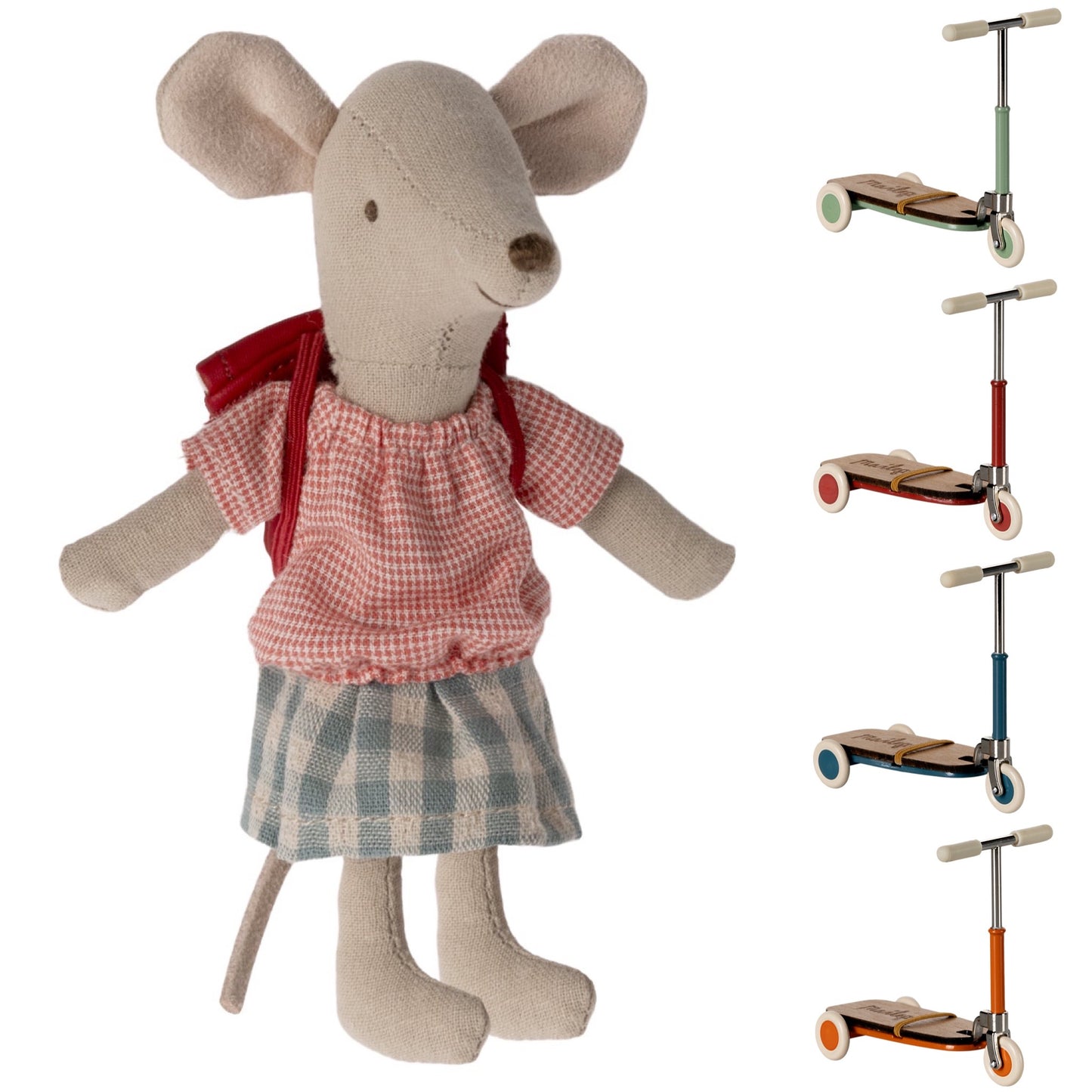 Maileg Tricycle Mouse, Big Sister With Bag, Red & Kickboard (Choose Colour) Bundle - Worth £45.25