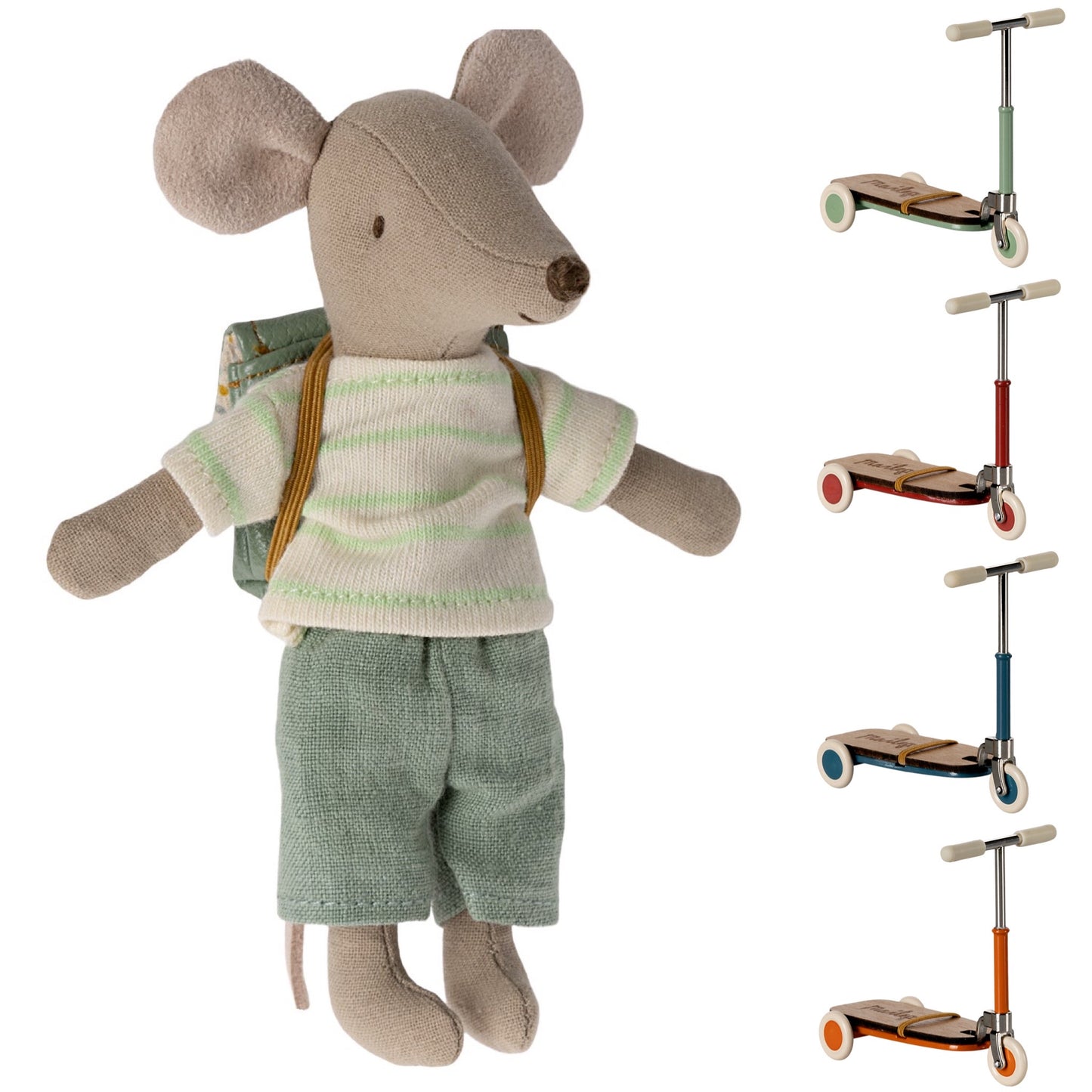 Maileg Tricycle Mouse, Big Brother With Bag, Green & Kickboard (Choose Colour) Bundle - Worth £45.25
