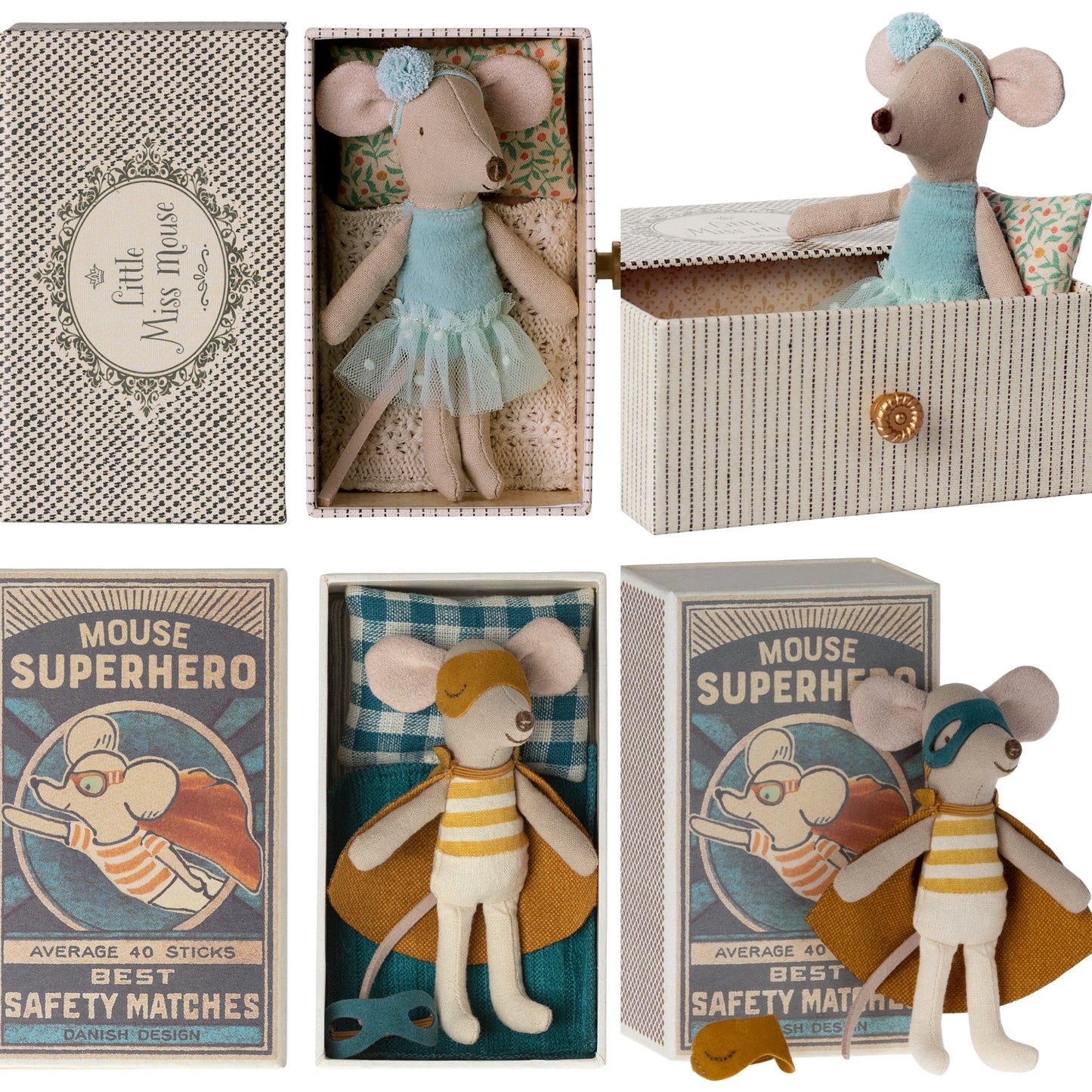 *FREE GIFT WRAPPING* - Maileg Dance Mouse, Little Sister In Daybed & Maileg Super Hero, Little Brother Mouse In Matchbox Bundle - Worth £49