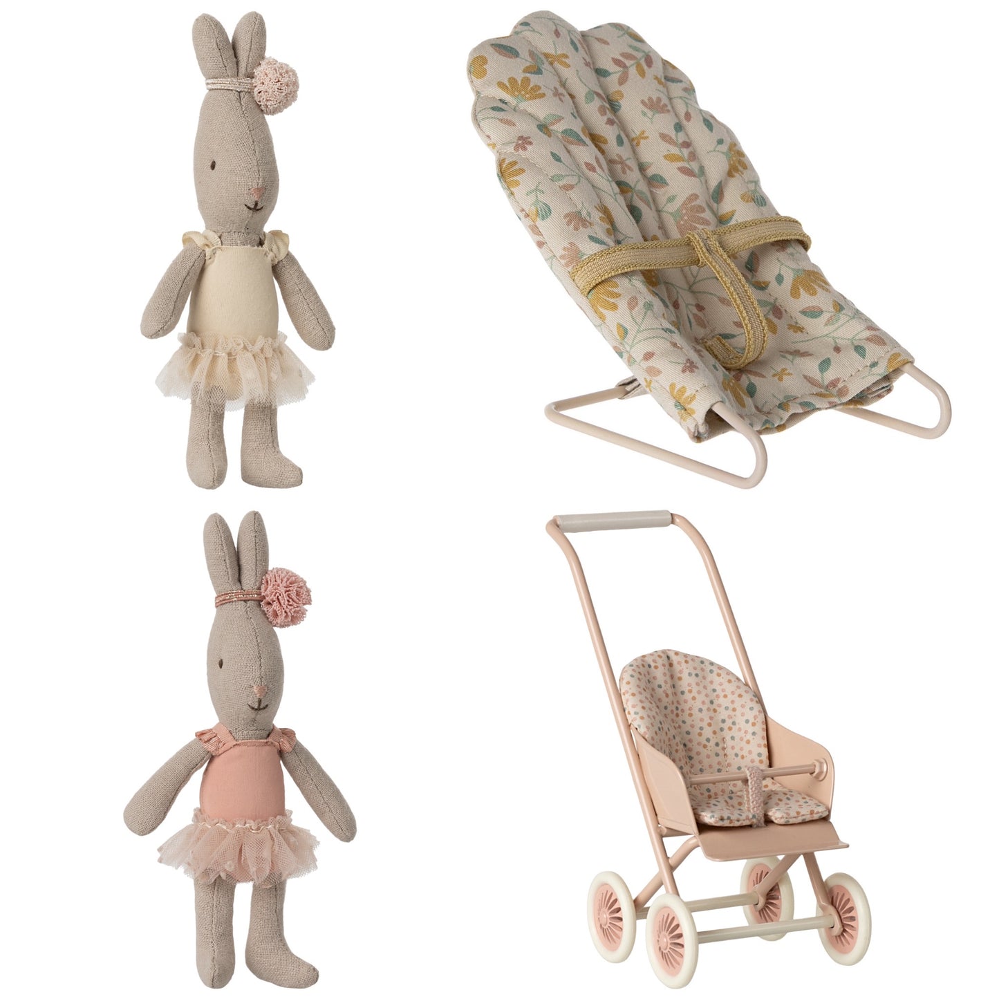 Maileg Micro Ballet Bunnies (Rose & Cream), Stroller (Powder) & Babysitter Bundle - Worth £76.25