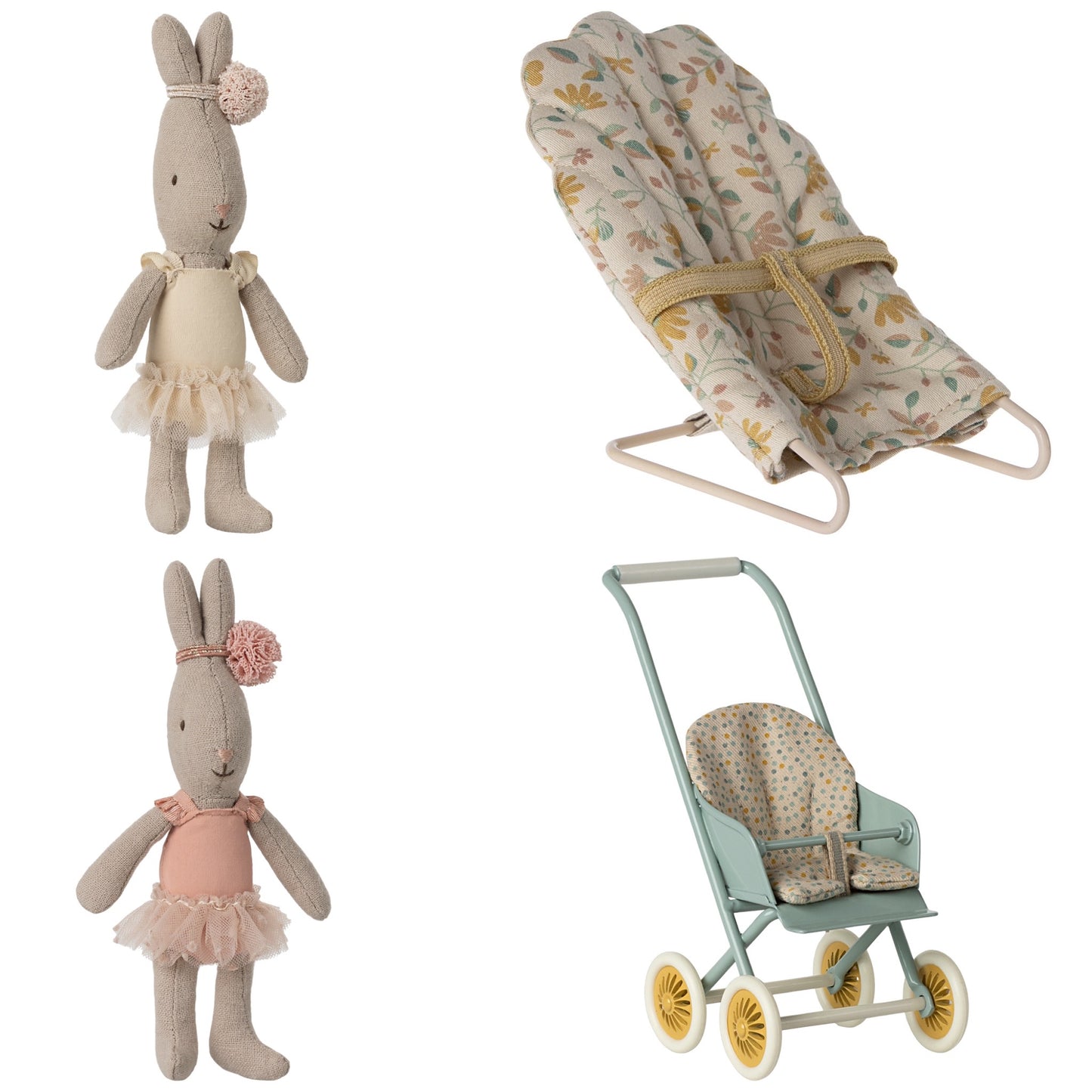 Maileg Micro Ballet Bunnies (Rose & Cream), Stroller (Mint) & Babysitter Bundle - Worth £76.25