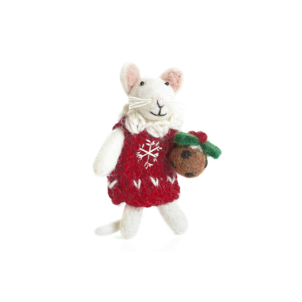 Amica Felt - Little Girl Mouse With Christmas Pudding Hanging Tree Decoration