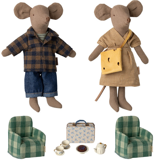 Maileg Mum & Dad Mice (Light Brown) Afternoon Treat (Blue Madelaine) With Set Of Two Chairs Bundle - Worth £111.75
