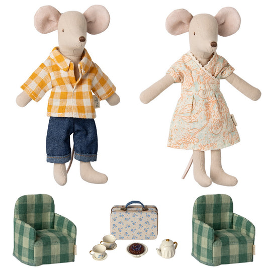 Maileg Mum & Dad Mice Afternoon Treat (Blue Madelaine) With Set Of Two Chairs Bundle - Worth £109.25