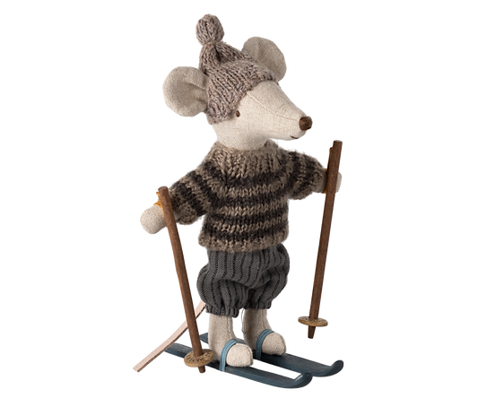 Maileg Winter Big Brother Mouse With Ski Set, Grey
