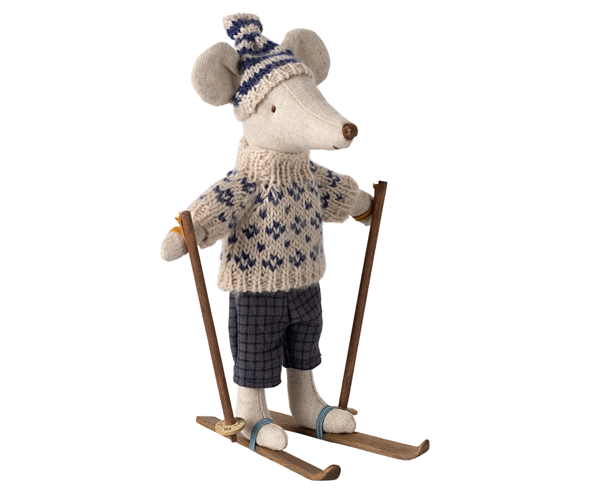 Maileg Winter Dad Mouse With Ski Set, Blue