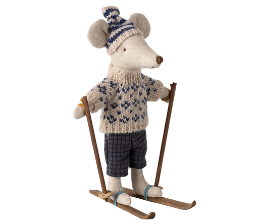 Maileg Winter Dad Mouse With Ski Set, Blue