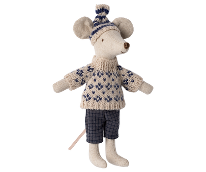 Maileg Winter Dad Mouse With Ski Set, Blue