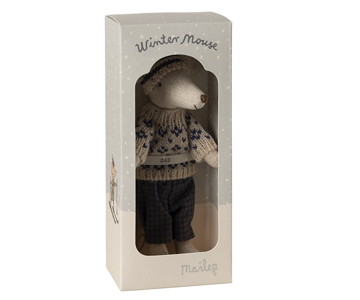 Maileg Winter Dad Mouse With Ski Set, Blue