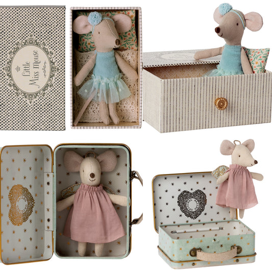 Maileg Dance Mouse In Daybed, Little Sister & Maileg Angel Mouse In Suitcase Bundle - Worth £45.25