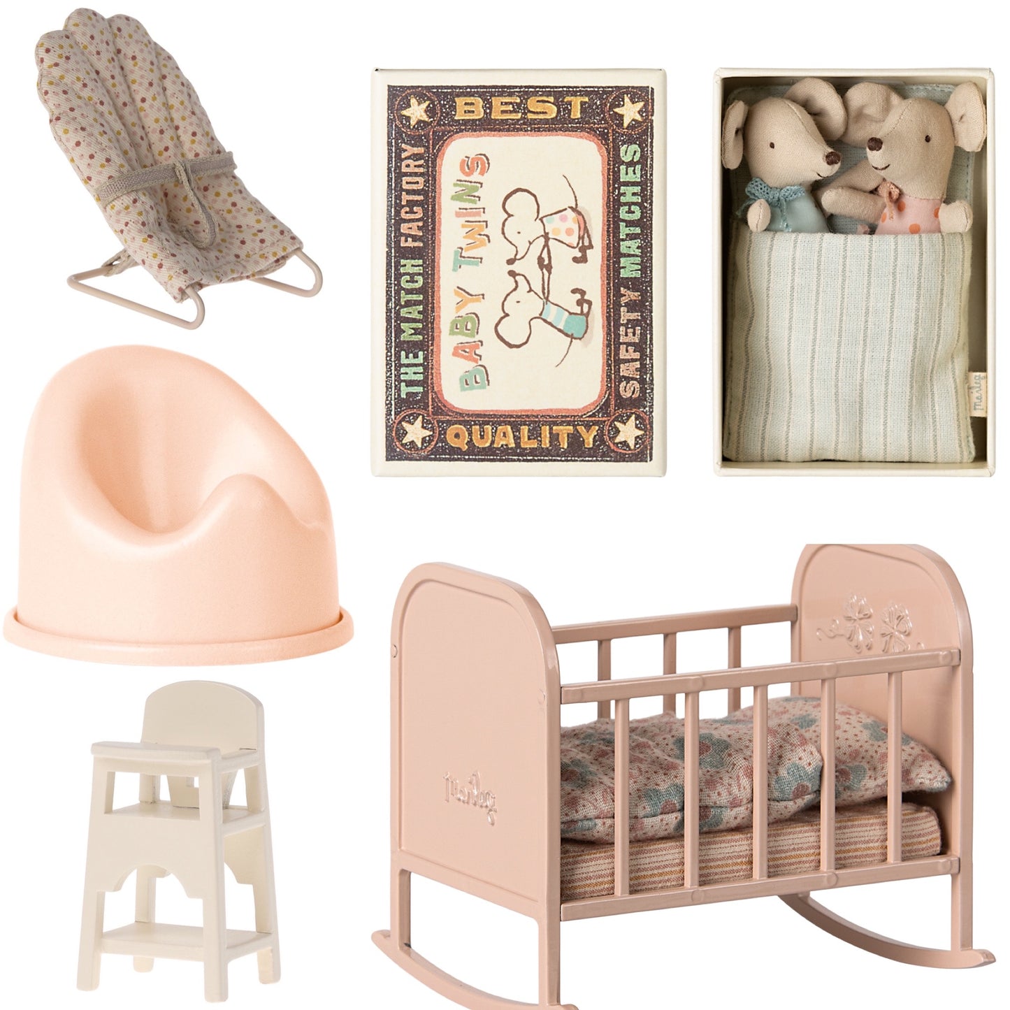 Maileg Twins Baby Mice In Matchbox & Cradle (Rose) Nursery Bundle  - Worth £85.75