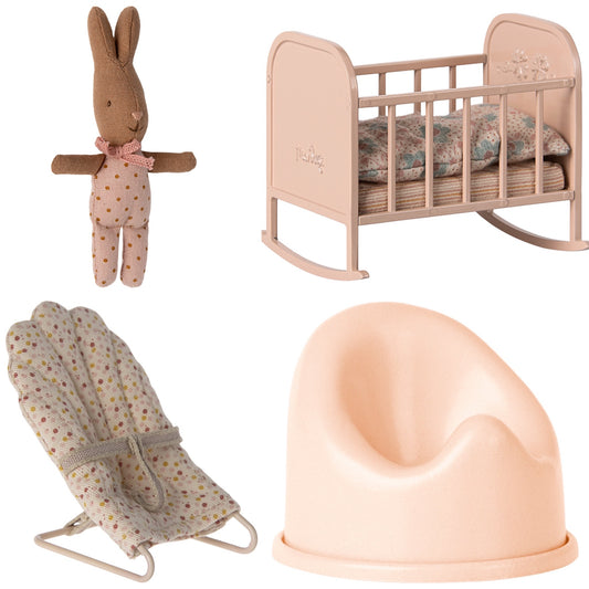 Maileg Rabbit, MY (Dots) & Cradle (Light Rose) Nursery Bundle  - Worth £51