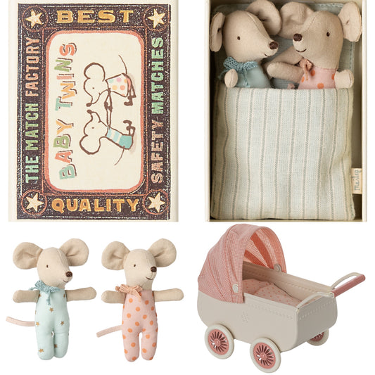 *FREE GIFT WRAPPING* - Maileg Twins, Baby Mice In Matchbox With Coral Pram Bundle - Worth £66.50
