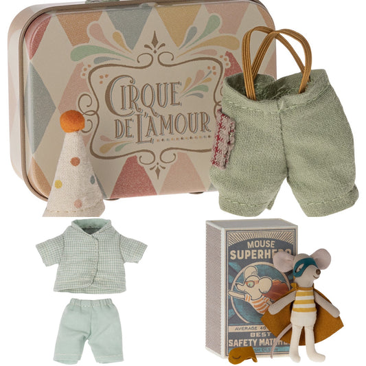 *FREE GIFT WRAPPING* - Maileg Super Hero Mouse, Little Brother In Matchbox & Pyjamas & Clown Clothes In Suitcase Bundle - Worth £46