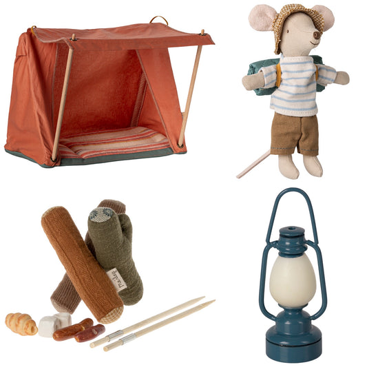 Maileg Hiker Mouse, Big Brother (Stripes) & Happy Tent Camping Night Bundle - Worth £108.25