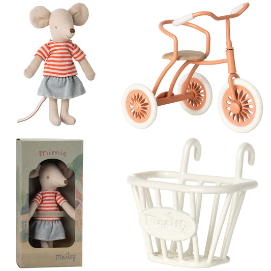 Maileg Mimie Mouse, Big Sister With Abri A Tricycle (Coral) & Basket Bundle - Worth £58.75