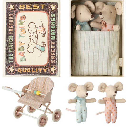 *FREE GIFT WRAPPING* - Maileg Twins, Baby Mice In Matchbox & Stroller Bundle, Rose Bundle - Worth £61.50