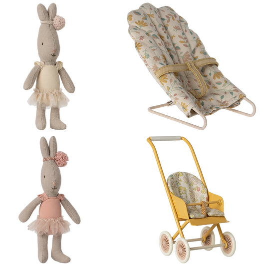 Maileg Micro Ballet Bunnies (Rose & Cream), Stroller (Yellow) & Babysitter Bundle - Worth £76.25