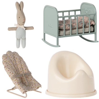 Maileg Rabbit, MY (Light Blue Check) & Cradle (Blue Mint) Nursery Bundle  - Worth £51