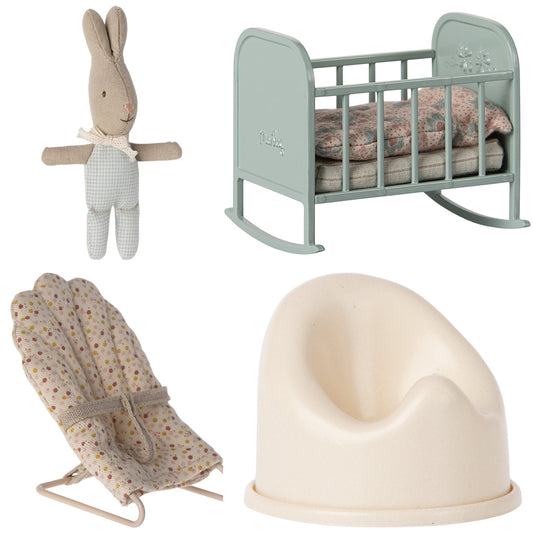 Maileg Rabbit, MY (Light Blue Check) & Cradle (Blue Mint) Nursery Bundle  - Worth £51