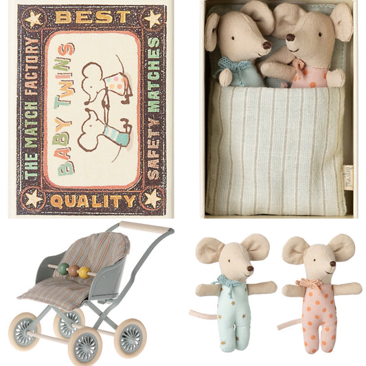 *FREE GIFT WRAPPING* - Maileg Twins, Baby Mice In Matchbox & Stroller Bundle, Blue Bundle - Worth £61.50