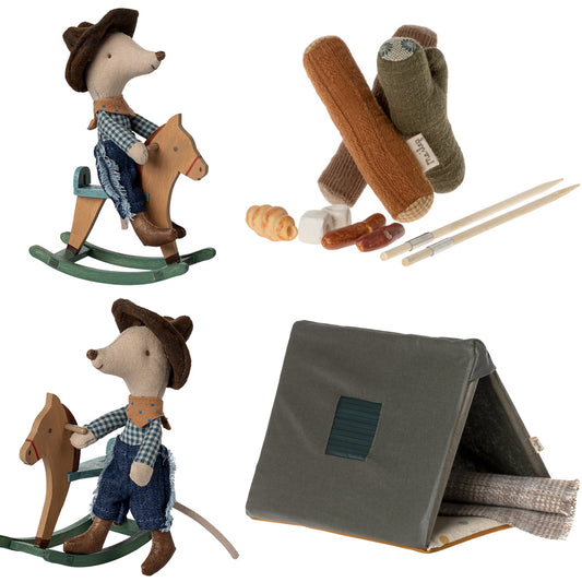 Maileg Cowboy Mouse On Rocking Horse, Little Brother & Camping Set Bundle - Worth £75