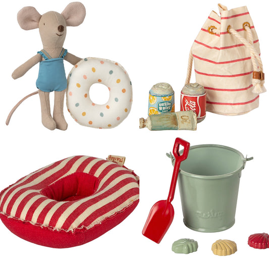 Maileg Beach Mouse With Float, Little Sister, Multi Dots Beach Day Bundle - Worth £65
