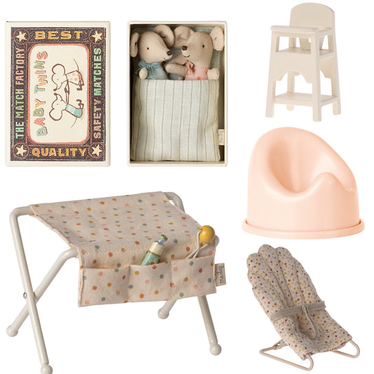 Maileg Baby Twin Mice Nursery Light Peach/Off White Bundle  - Worth £76