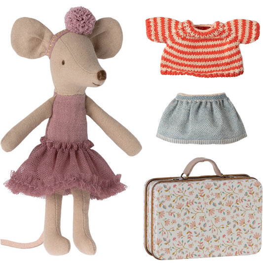 *FREE GIFT WRAPPING* - Maileg Ballerina Mouse, Big Sister - Heather With Knitted Sweater & Skirt & Suitcase Bundle - Worth £38.25