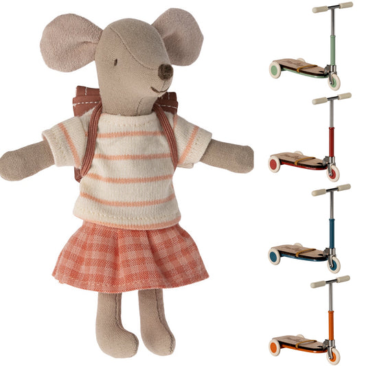 Maileg Tricycle Mouse, Big Sister With Bag, Coral & Kickboard (Choose Colour) Bundle - Worth £45.25