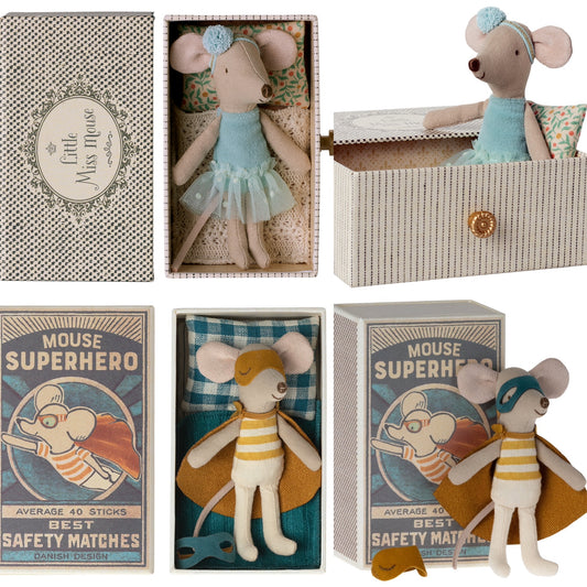 *FREE GIFT WRAPPING* - Maileg Dance Mouse, Little Sister In Daybed & Maileg Super Hero, Little Brother Mouse In Matchbox Bundle - Worth £49