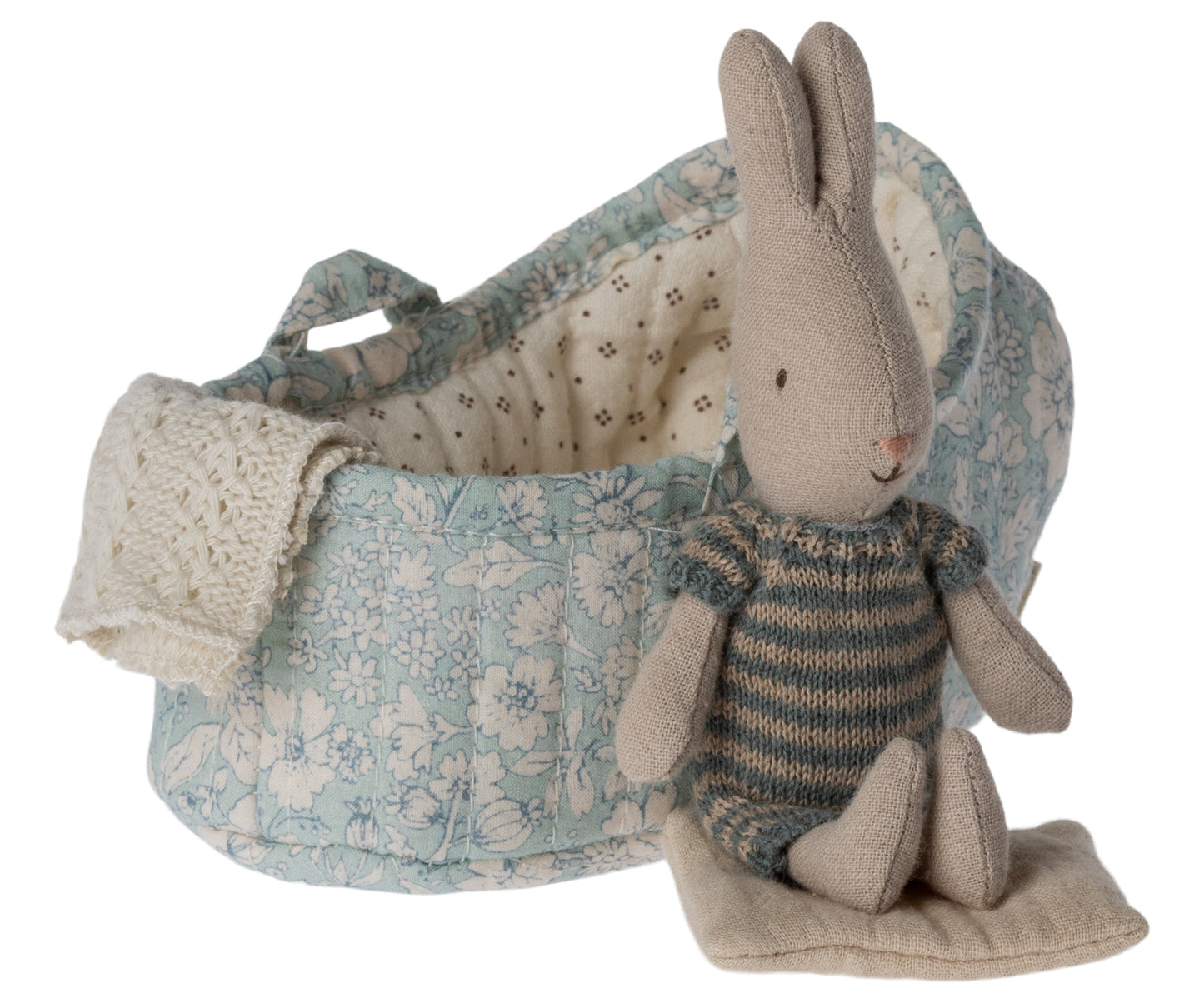 Maileg Rabbit In Carry Cot, Micro, Dark Blue Stripe