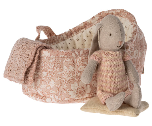 Maileg Bunny In Carry Cot, Micro, Pink & Cream Stripe