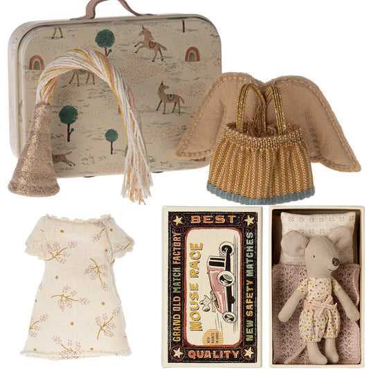 *FREE GIFT WRAPPING* - Maileg Little Sister Mouse With Magnetic Hands In Matchbox & Nightgown & Fairy Clothes In Suitcase Bundle - Worth £46