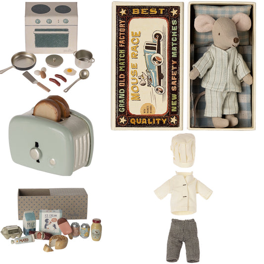 Maileg Big Brother With Magnetic Hands In Matchbox, Chef Outfit & Kitchen Set Bundle - Worth £108