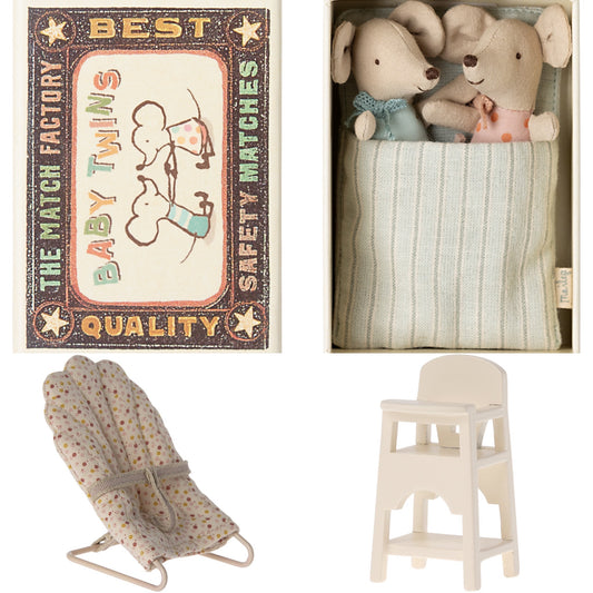 Maileg Twins, Baby Mice In Matchbox Set, Off White Bundle - Worth £49