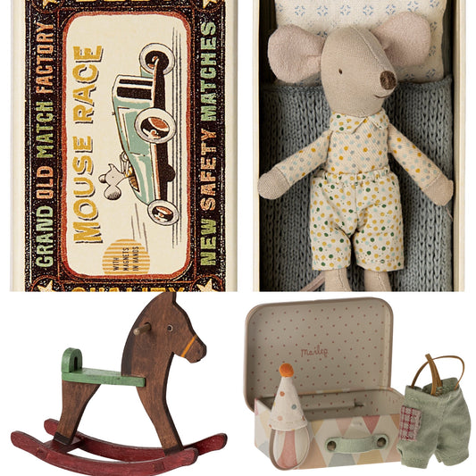 *FREE GIFT WRAPPING* - Maileg Little Brother Mouse With Magnetic Hands In Matchbox & Rocking Horse & Clown Clothes In Suitcase Bundle - Worth £53.50