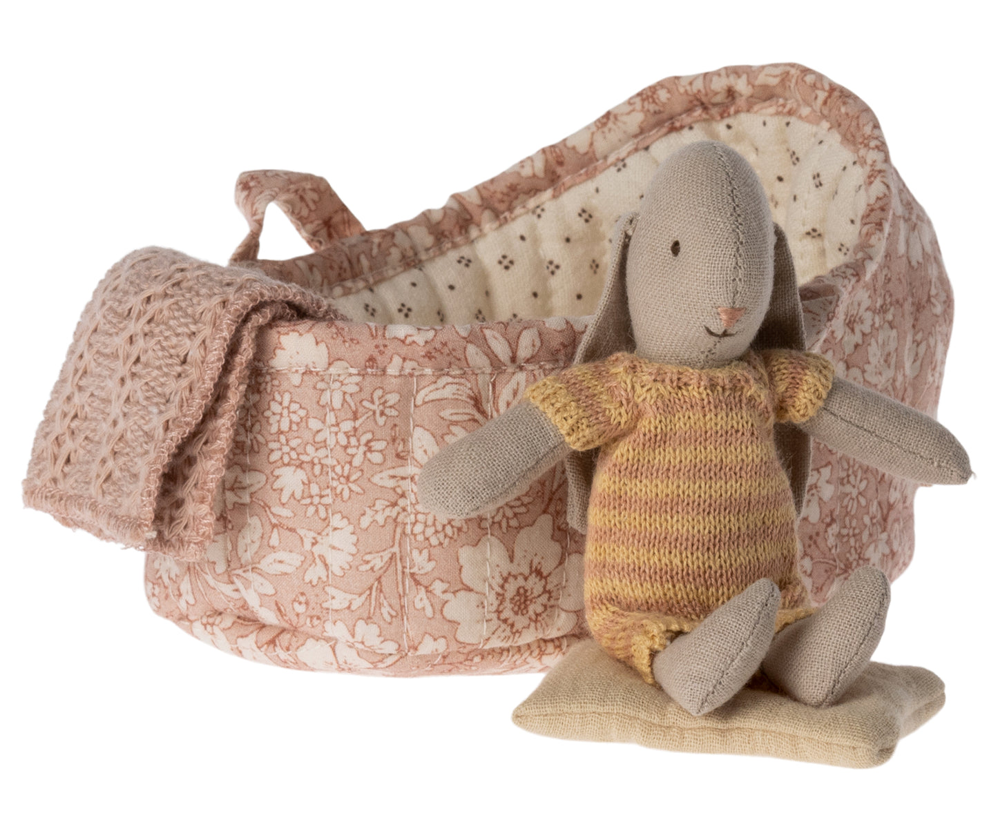 Maileg Bunny In Carry Cot, Micro, Yellow & Pink Stripe