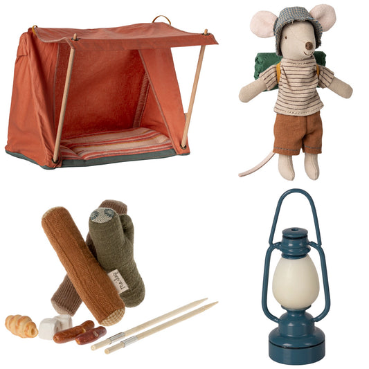 Maileg Hiker Mouse, Big Brother (Thin Stripes) & Happy Tent Camping Night Bundle - Worth £108.25