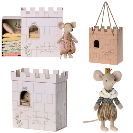 Maileg Princess & The Pea, Big Sister & Prince (New AW23) Big Brother Mice In Castle Gift Bag Bundle