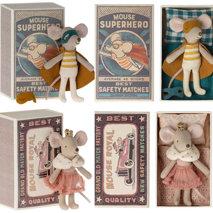 Maileg Princess Mouse, Little Sister In Matchbox & Maileg Super Hero, Little Brother Mouse In Matchbox Bundle - Worth £49