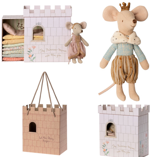 Maileg Princess & The Pea, Big Sister & Prince Big Brother Mice In Castle Gift Bag Bundle